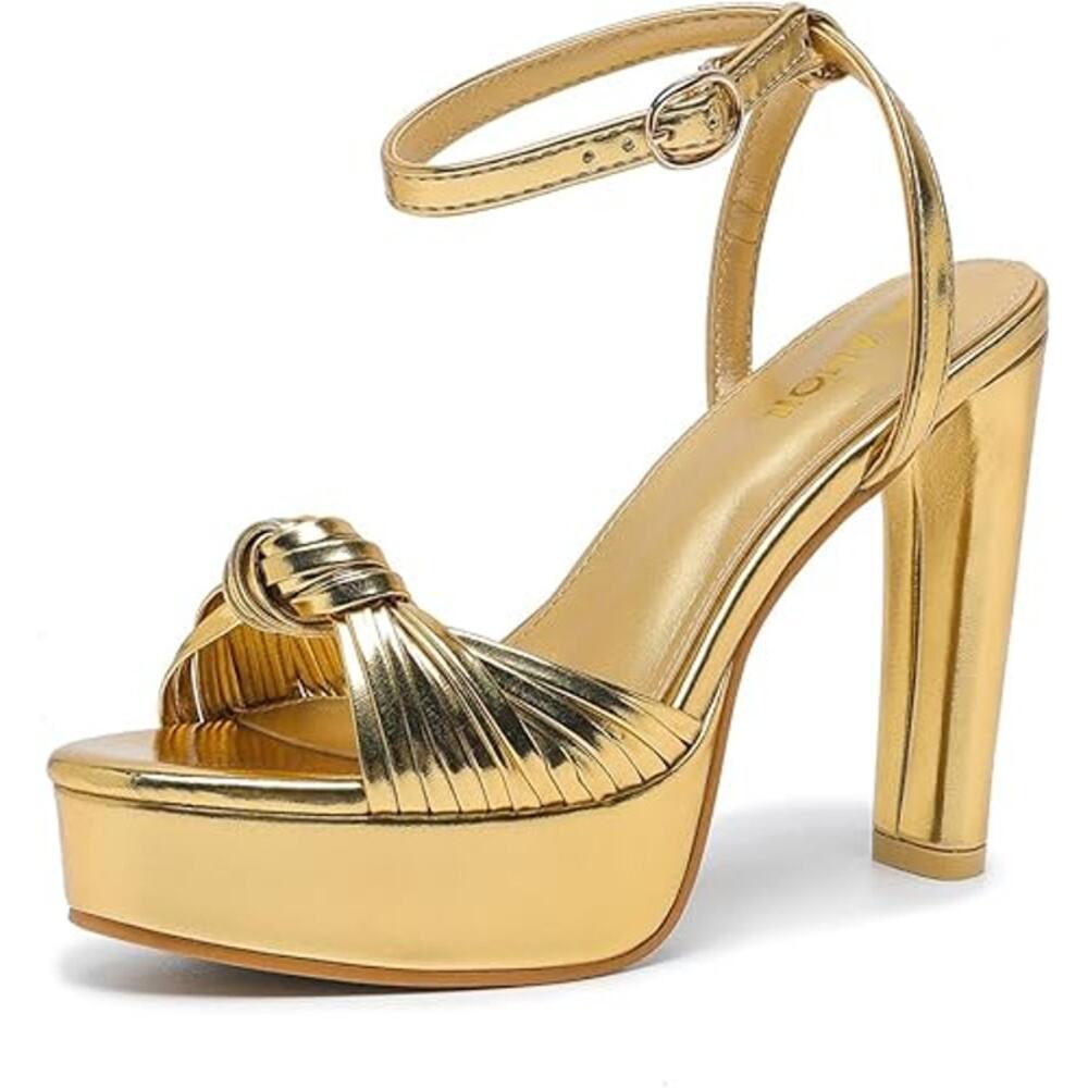 Amoji Womens Size 9.5 Gold 4" Block Heels Platform Braid Knot Ankle Strap Shoes